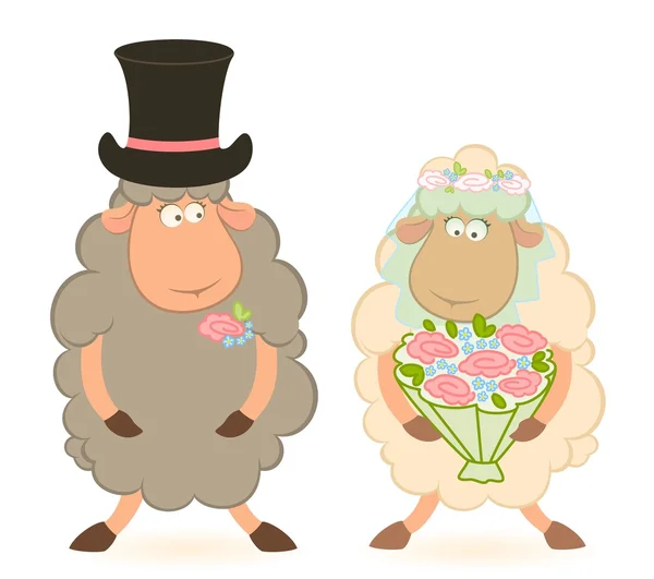 Cartone animato pecore sposo e sposa su sfondo bianco — Vettoriale Stock