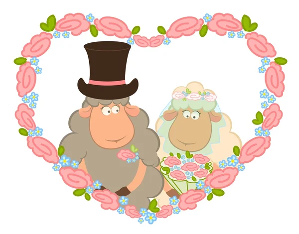 Noivo de ovelha dos desenhos animados e noiva no fundo com coração floral . — Vetor de Stock