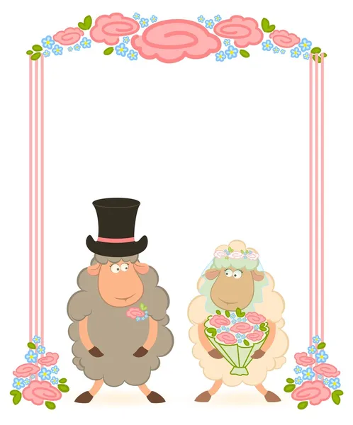 Cartoon sheep bridegroom and bride on background with floral arch. — Stock Vector