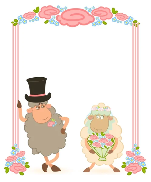 Kreslený ovce ženich a nevěsta na pozadí s květinovým obloukem. — Stockový vektor