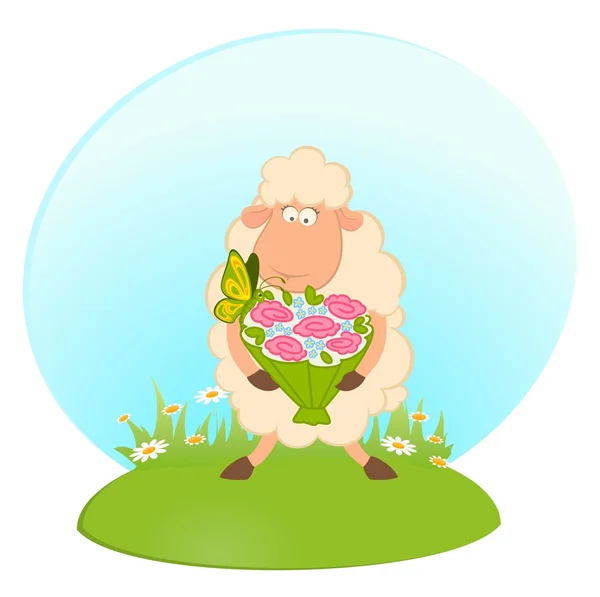 Landscape background with cartoon sheep with bouquet — Stock Vector