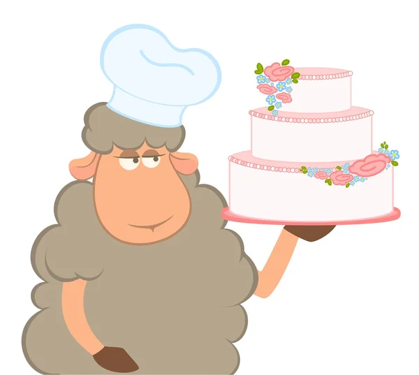 Illustration of cartoon sheep holding fancy wedding cake — Stock Vector
