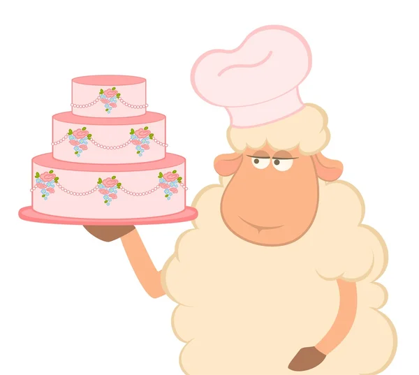 Illustration of cartoon sheep holding fancy wedding cake — Stock Vector