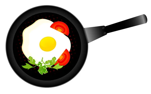 Le uova fritte deliziose su un piatto sono decorate un pomodoro e un formaggio — Vettoriale Stock