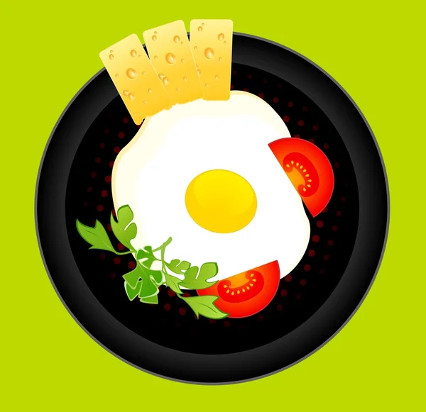 Os deliciosos ovos fritos apetitosos em um prato decoram-se um tomate e queijo —  Vetores de Stock