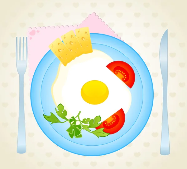 Aptitretande läckra stekta ägg på en maträtt är inredda en tomat och ost — Stock vektor