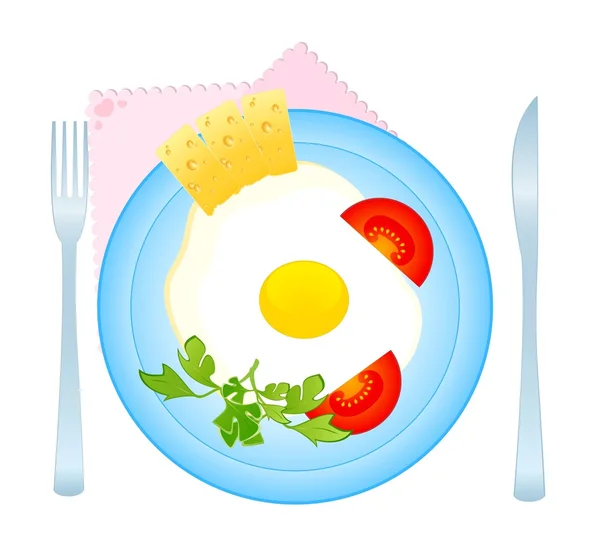 Aptitretande läckra stekta ägg på en maträtt är inredda en tomat och ost — Stock vektor