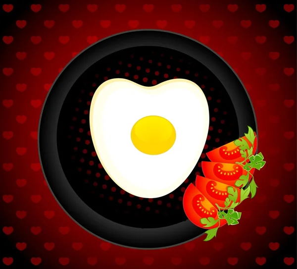 Le uova fritte deliziose appetitose su un piatto sono decorate un pomodoro — Vettoriale Stock