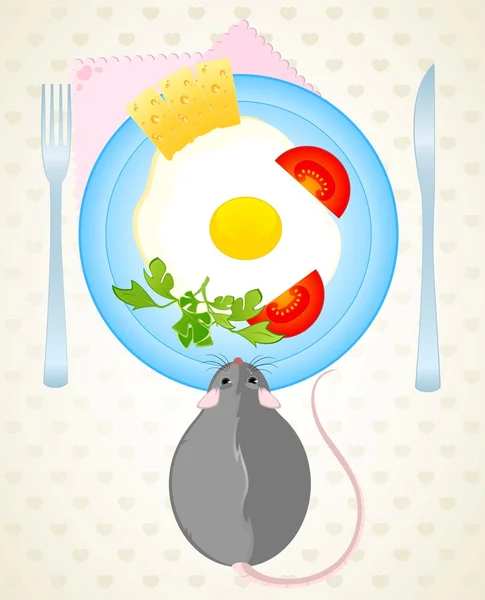 Funny rat wants to eat the fried eggs and cheese from a dish — Stock Vector