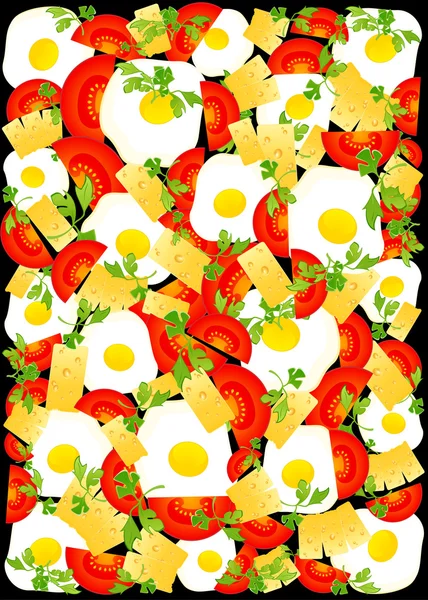 Bakgrund med aptitretande läckra stekta ägg och tomat, ost — Stock vektor