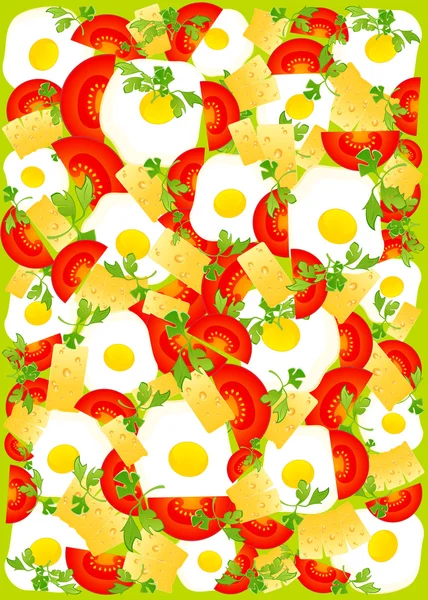 Background with appetizing delicious fried eggs and tomato, cheese — Stock Vector