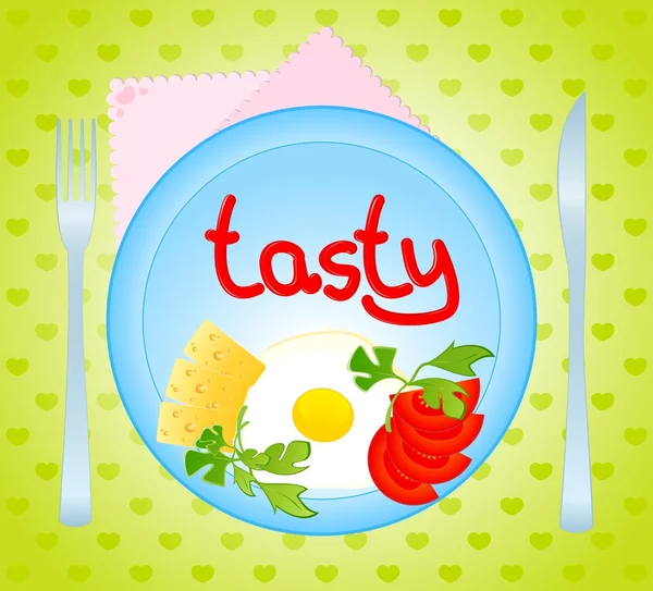 Läckra läckra stekta ägg på en maträtt är inredda en tomat och ost — Stock vektor