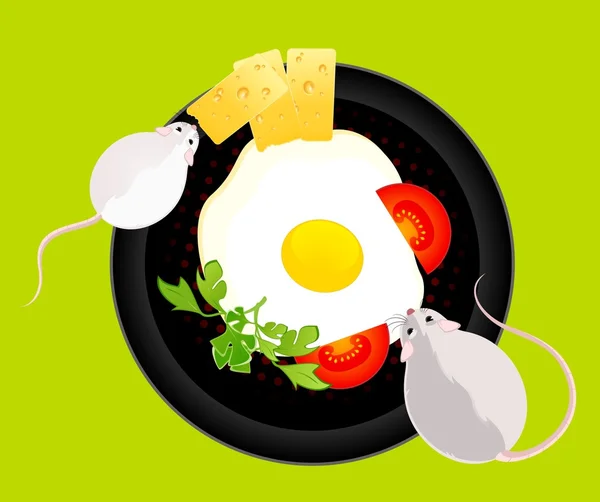 Lite möss vill äta stekt ägg och ost från en maträtt — Stock vektor