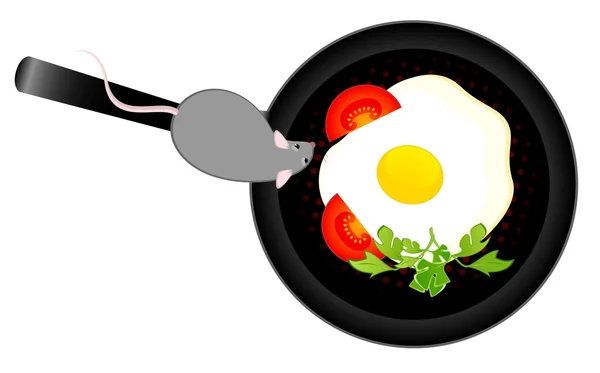 Little mouse wants to eat the fried eggs from a frying pan — Stock Vector