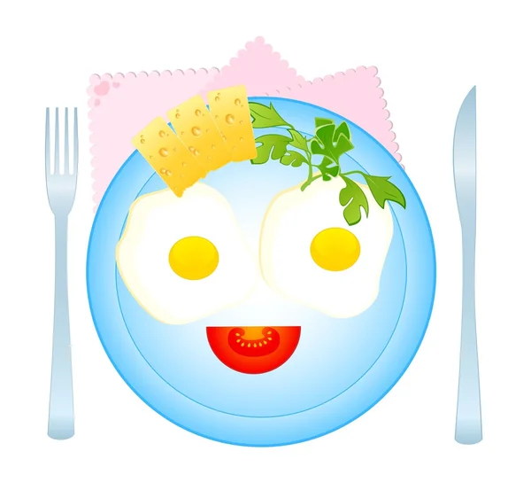 Délicieux oeufs frits appétissants sur un plat sont décorés d'une tomate et fromage — Image vectorielle