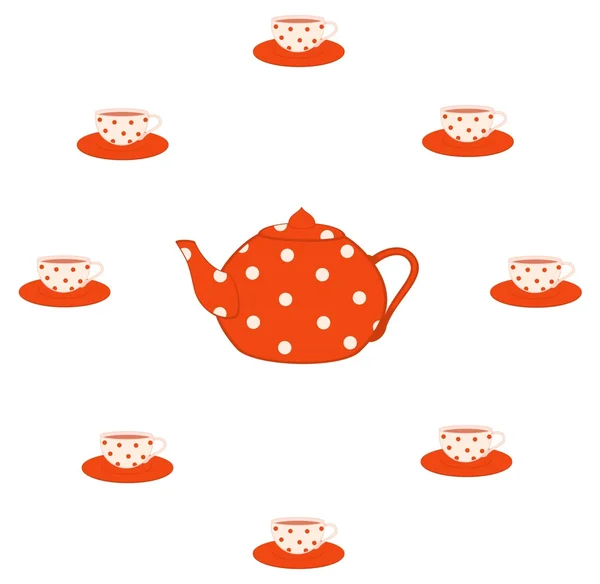Красные красивые чашки и чайник — стоковый вектор