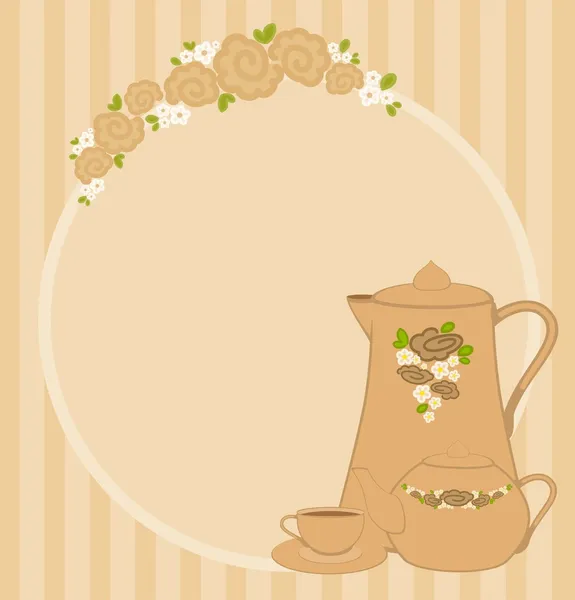 Wektor piękną ramkę z kwiatów i piękne filiżanki herbaty garnki — Wektor stockowy