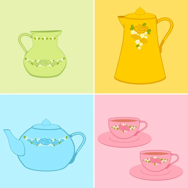 Set renk güzel, bardaklar ve çay kap — Stok Vektör