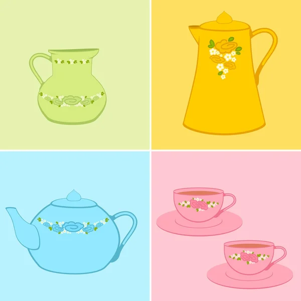 Conjunto de hermosas tazas de color y teteras — Vector de stock