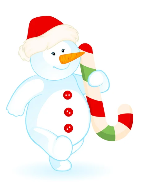Dessin animé petit bonhomme de neige mignon avec cadeau — Image vectorielle
