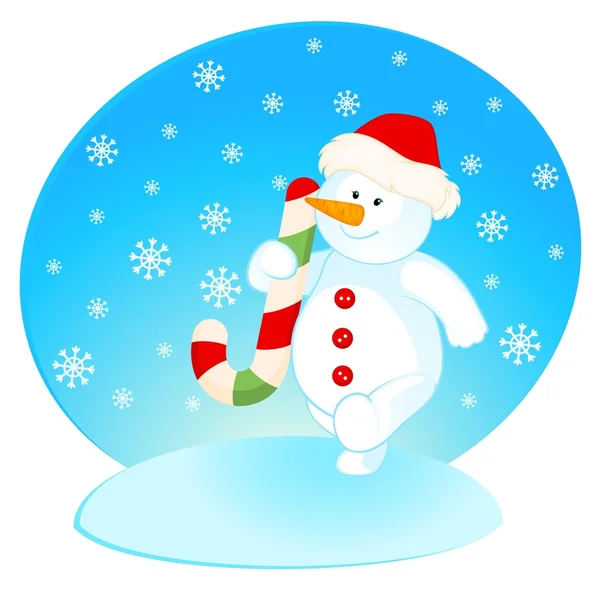 Γελοιογραφία λίγο χαριτωμένο χιονάνθρωπο με δώρο — Διανυσματικό Αρχείο