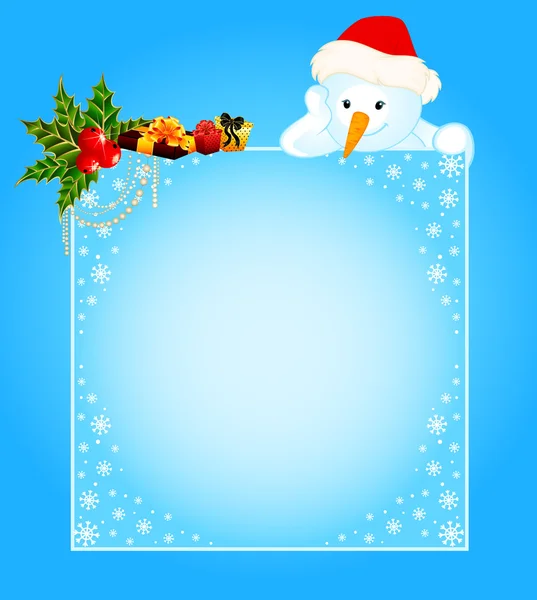 Vettoriale piccolo simpatico pupazzo di neve con banner — Vettoriale Stock