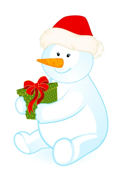 Dibujos animados pequeño muñeco de nieve lindo con regalo — Vector de stock