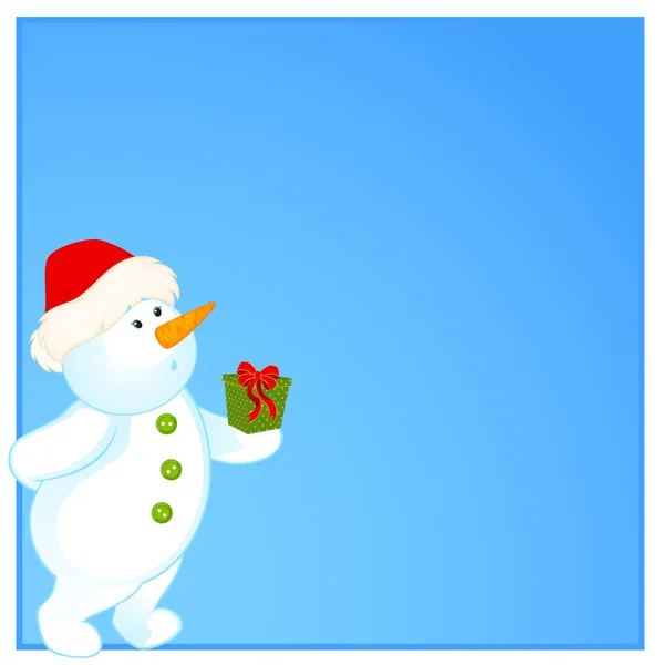 Tecknad liten söt snögubbe med gåva — Stock vektor