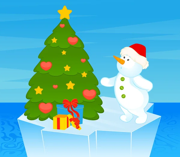 Cartone animato piccolo pupazzo di neve carino con abete — Vettoriale Stock