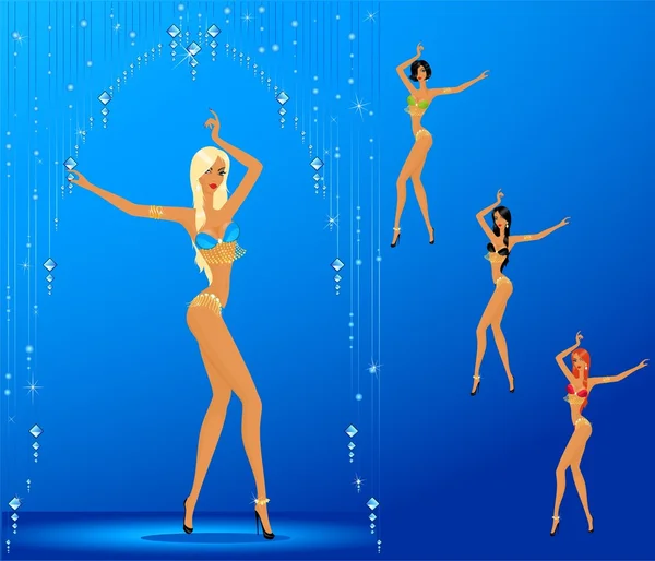Conjunto de hermosas mujeres jóvenes bailando un striptease — Vector de stock