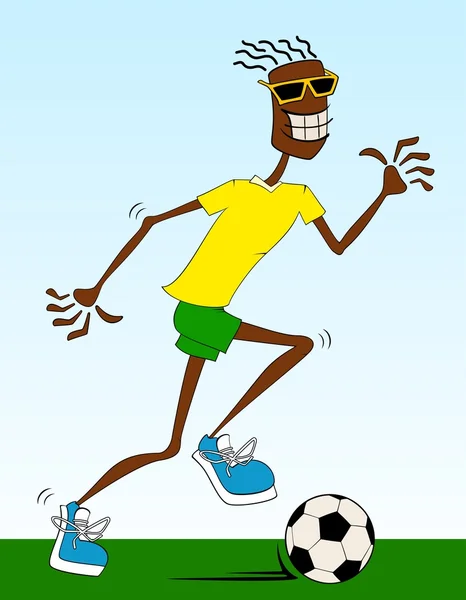Homme athlétique dessin animé joue au football — Image vectorielle