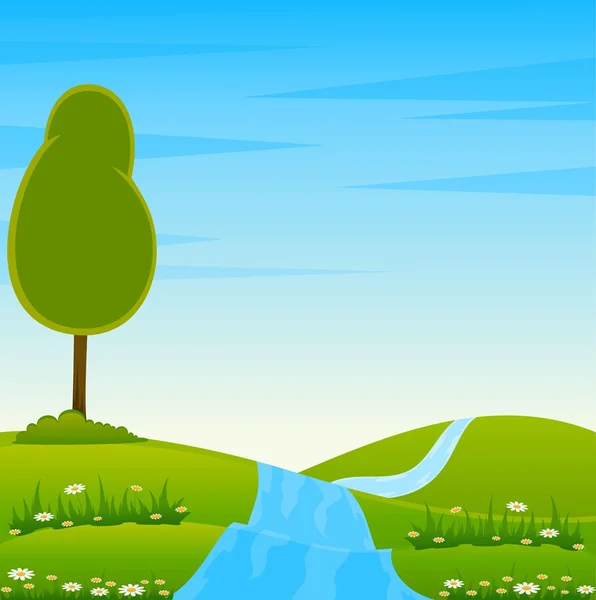 Vektor land landskap med träd och floden — Stock vektor