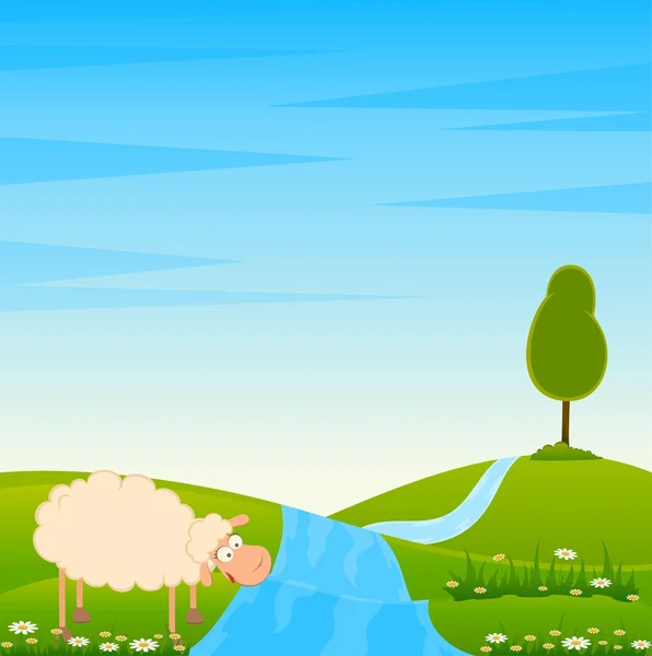 Fondo de paisaje con casa y ovejas de dibujos animados — Vector de stock
