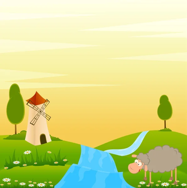 Fondo de paisaje con casa y ovejas de dibujos animados — Vector de stock