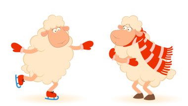 Cartoon funny sheep goes for a drive on skates. Vector illustration clipart