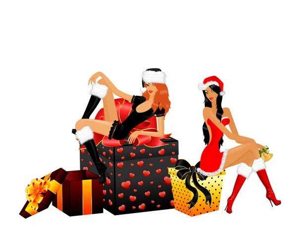 美丽的雪姑娘及 christmasti 带有背景上蝴蝶结礼品 — 图库矢量图片