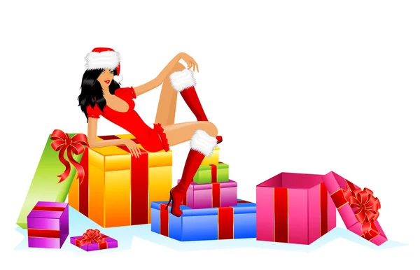 Belles vierges de neige et cadeaux avec un arc sur un fond pour Noël — Image vectorielle
