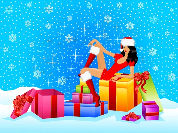 Schöne Schneemädchen und Geschenke mit Schleife auf einem Hintergrund für Weihnachten — Stockvektor