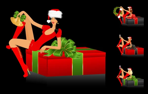 美丽的雪姑娘及 christmasti 带有背景上蝴蝶结礼品 — 图库矢量图片