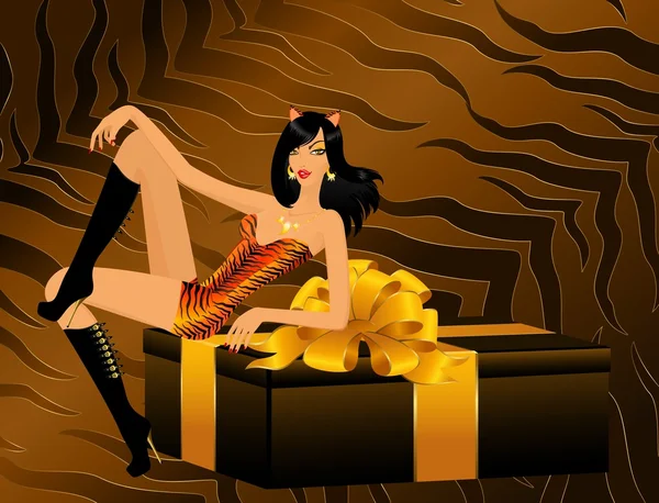 Menina bonita em uma tigresa terno sentar em um presente — Vetor de Stock