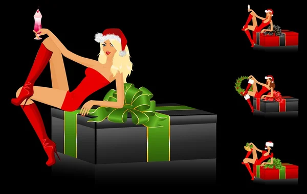 Belles vierges de neige et cadeaux avec un arc sur un fond pour Noël — Image vectorielle
