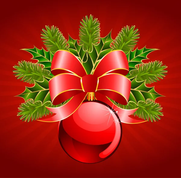 Christmas ball with bow on a red background — Stock Vector