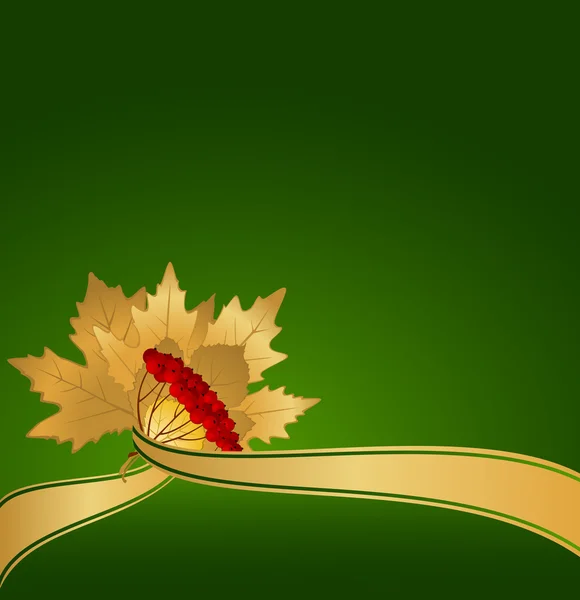 Pozadí abstraktní s podzimní listí a zlatá stuha. — Stockový vektor