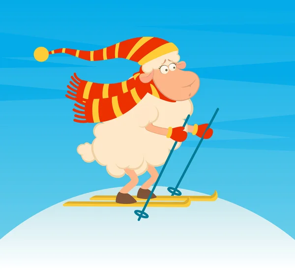 Desenhos animados esquiador engraçado ovelhas —  Vetores de Stock