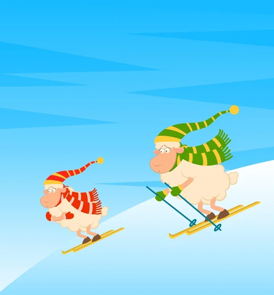 Desenhos animados esquiador engraçado ovelhas —  Vetores de Stock