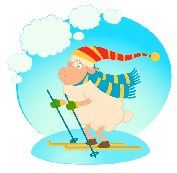 Desenhos animados esquiador engraçado ovelhas — Vetor de Stock