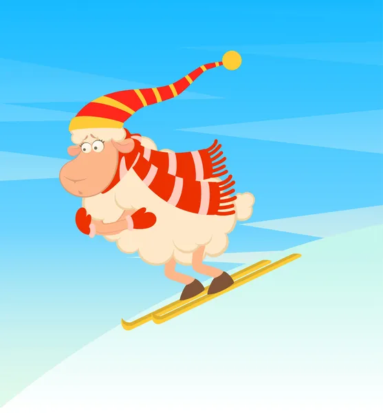 Cartoon funny skier sheep — Stock Vector