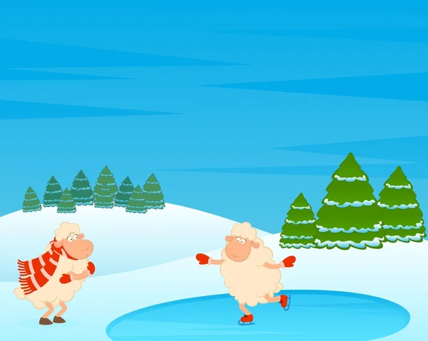 Cartoon ovelhas engraçadas vai para uma unidade em patins. Ilustração vetorial —  Vetores de Stock