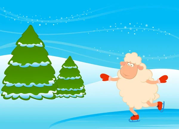 卡通搞笑羊在溜冰鞋去兜风。矢量插画 — 图库矢量图片