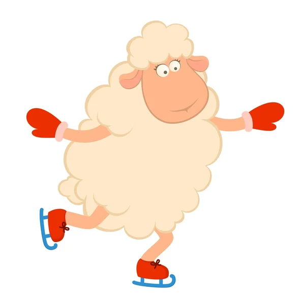 Cartoon funny sheep goes for a drive on skates. Vector illustration — Stock Vector